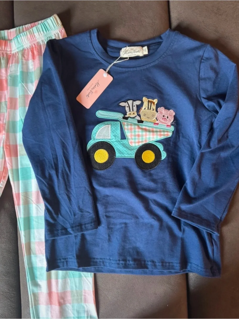 NEW Marie Nicole Navy Blue Truck Appliqué Set with Pink & Mint Plaid Pants 6T